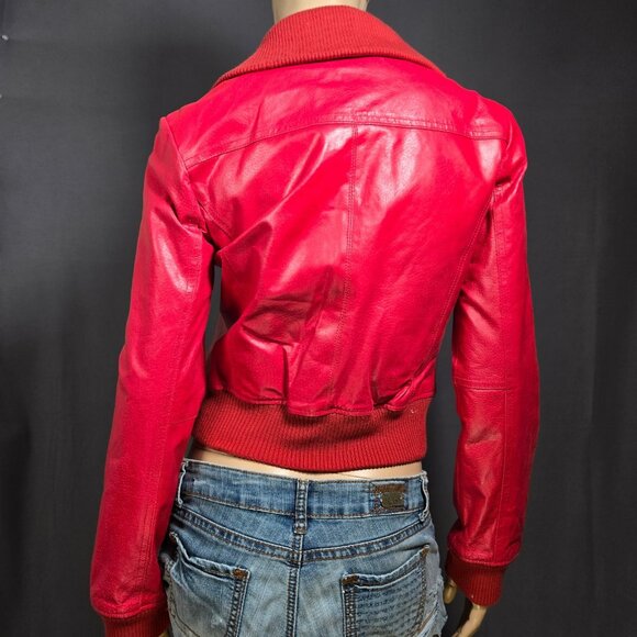 Y2K Red Leather Bomber Moto Jacket Size S Short Cropped Zip Up 2000s - Picture 8 of 12